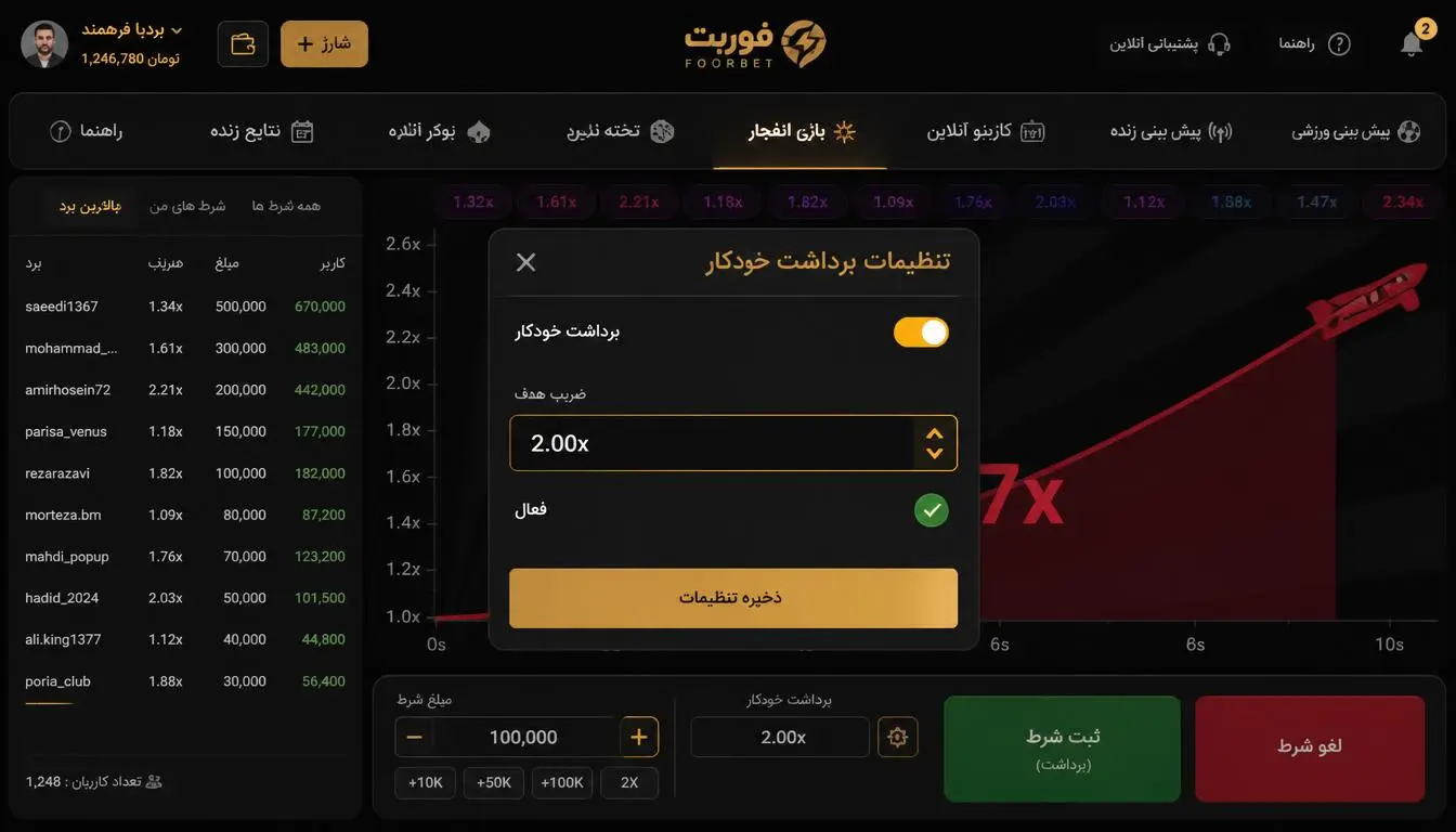 پنل برداشت خودکار بازی انفجار با ضریب هدف پر شده و گزینه فعال